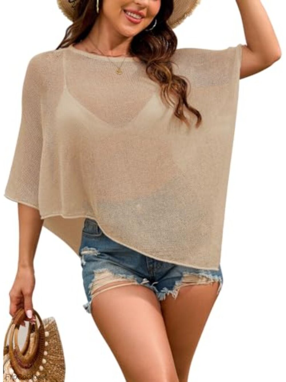 Sheer Crochet Knit Poncho Beach Cover Up See Through